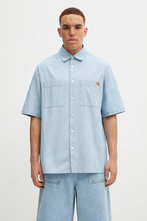 Maison Kitsuné koszula bawełniana Relaxed Short Sleeve męska kolor niebieski relaxed z kołnierzykiem klasycznym OM00424WC5006