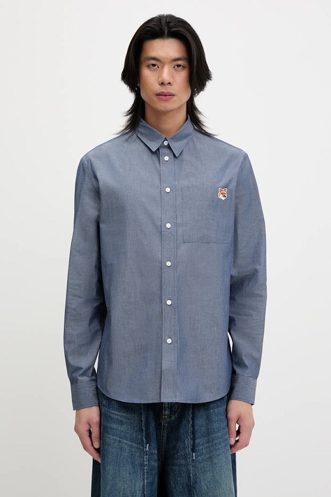 Bavlněná košile Maison Kitsuné Fox Head Casual pánská, modrá barva, relaxed, s klasickým límcem, OM00432WC5043