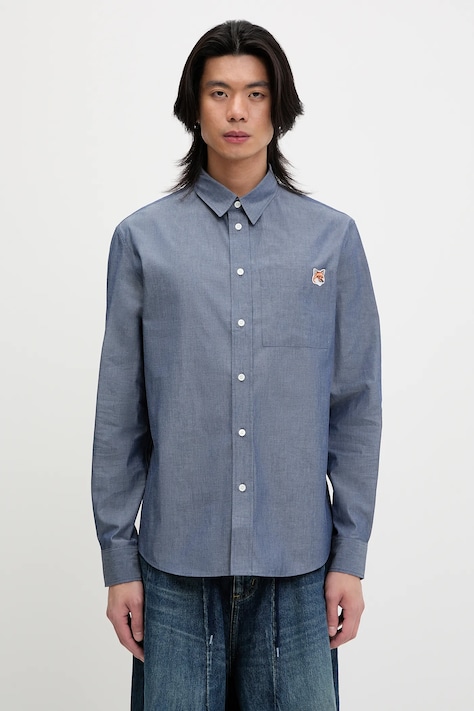 Bavlněná košile Maison Kitsuné Fox Head Casual pánská, modrá barva, relaxed, s klasickým límcem, OM00432WC5043