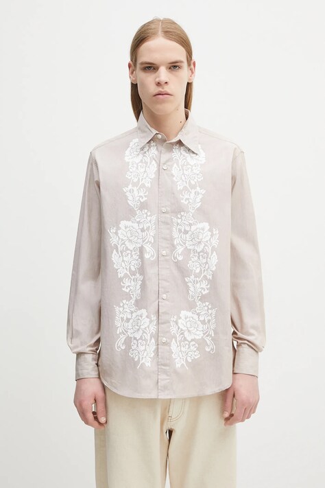 Bavlnená košeľa Aries Lace Overprinted Poplin Shirt béžová farba, voľný strih, s klasickým golierom, AR4010203