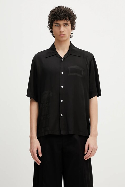Aries cămașă Ancient Column Satin Viscose Hawaiian Shirt culoarea negru, cu guler clasic, relaxed, AR4080003