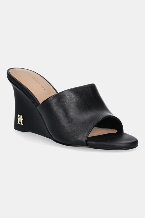 Pantofle Tommy Hilfiger LEATHER WEDGE MULE dámské, černá barva, na klínku, FW0FW08418