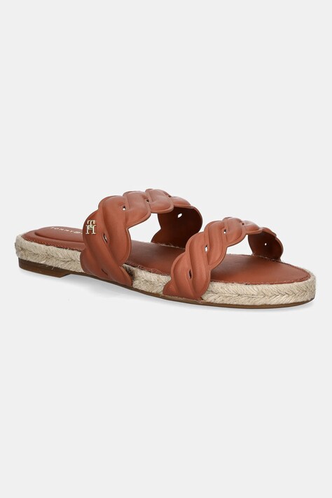 Tommy Hilfiger slapi de piele LEATHER ROPE ESPADRILLE MULE femei, culoarea maro, FW0FW08503