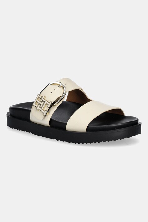 Kožené pantofle Tommy Hilfiger LEATHER SPORTY MULE dámské, béžová barva, FW0FW08512