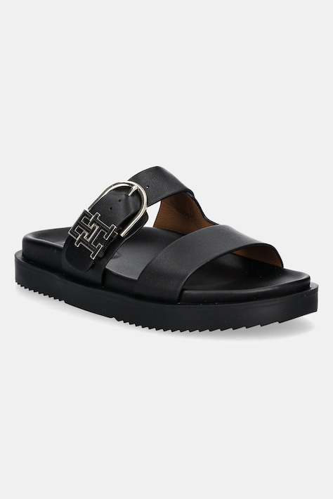 Kožené pantofle Tommy Hilfiger LEATHER SPORTY MULE dámské, černá barva, FW0FW08512