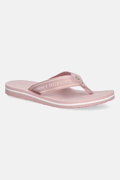 Tommy Hilfiger Șlapi HILFIGER WEBBING BEACH SANDAL femei, culoarea roz, cu toc plat, FW0FW08515