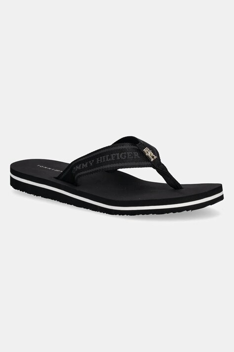 Tommy Hilfiger șlapi HILFIGER WEBBING BEACH SANDAL femei, culoarea negru, cu toc plat, FW0FW08515