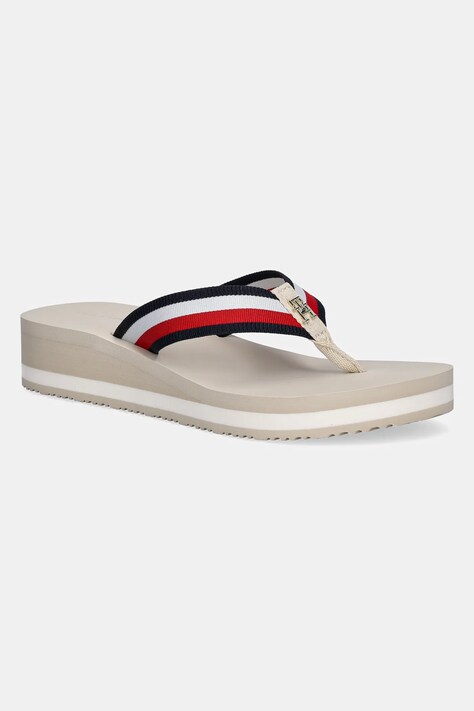 Žabky Tommy Hilfiger TH CORP MID WEDGE BEACH SANDAL dámské, béžová barva, na klínku, FW0FW08517