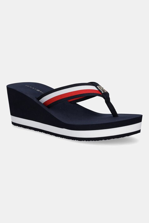 Tommy Hilfiger șlapi TH CORPORATE WEDGE BEACH SANDAL femei, culoarea bleumarin, toc pana, FW0FW08520