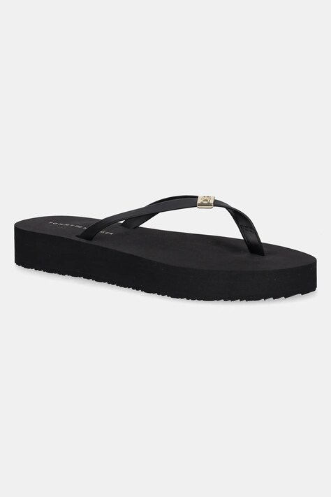 Žabky Tommy Hilfiger ELEVATED CHIC BEACH SANDAL dámské, černá barva, na plochém podpatku, FW0FW08523