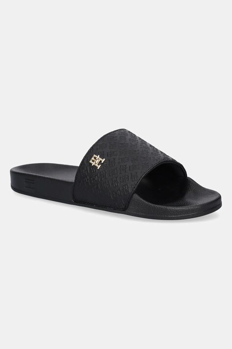 Tommy Hilfiger papuci TH MONOGRAM POOLSIDE femei, culoarea negru, FW0FW08525