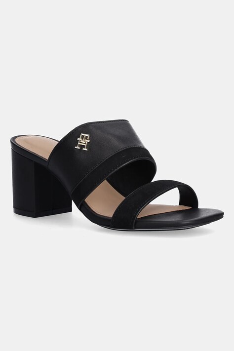 Tommy Hilfiger slapi de piele LEATHER & SUEDE BLOCK HEEL MULE femei, culoarea negru, cu toc drept, FW0FW08530