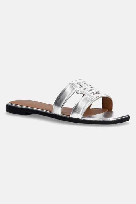 Kožené pantofle Tommy Hilfiger TH LOGO STRAP METALLIC MULE dámské, stříbrná barva, FW0FW08676