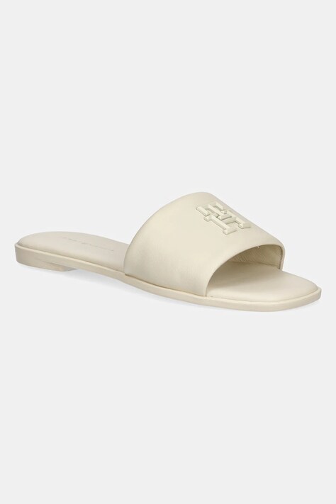 Tommy Hilfiger șlapi de piele TH LOGO HARDWARE LEATHER MULE femei, culoarea bej, FW0FW08806