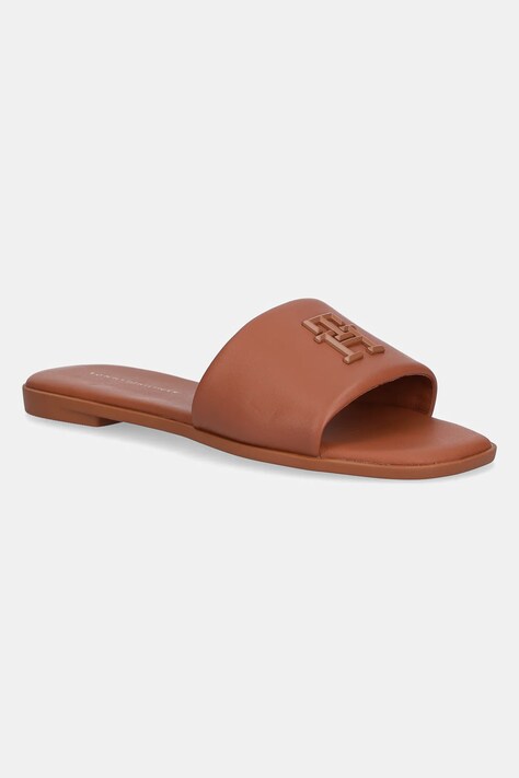 Tommy Hilfiger șlapi de piele TH LOGO HARDWARE LEATHER MULE femei, culoarea maro, FW0FW08806