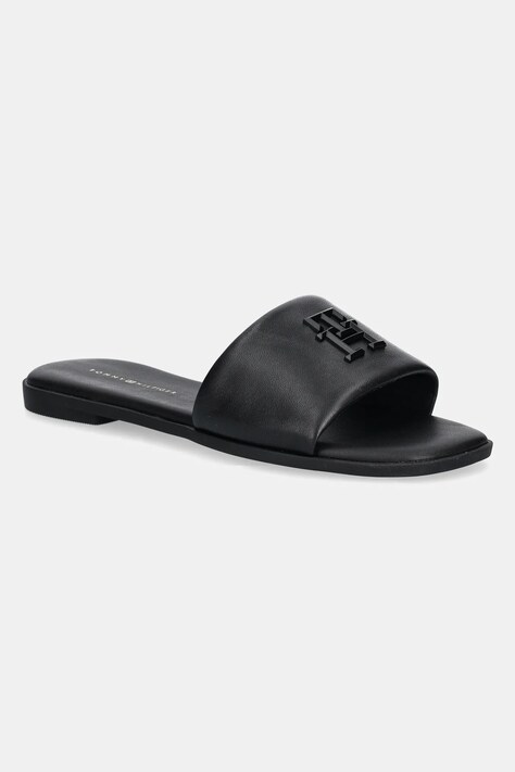Tommy Hilfiger șlapi de piele TH LOGO HARDWARE LEATHER MULE femei, culoarea negru, FW0FW08806