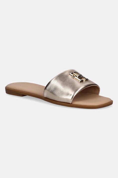 Tommy Hilfiger șlapi de piele TH LOGO HW METALLIC LEATHER MULE femei, culoarea auriu, FW0FW08807
