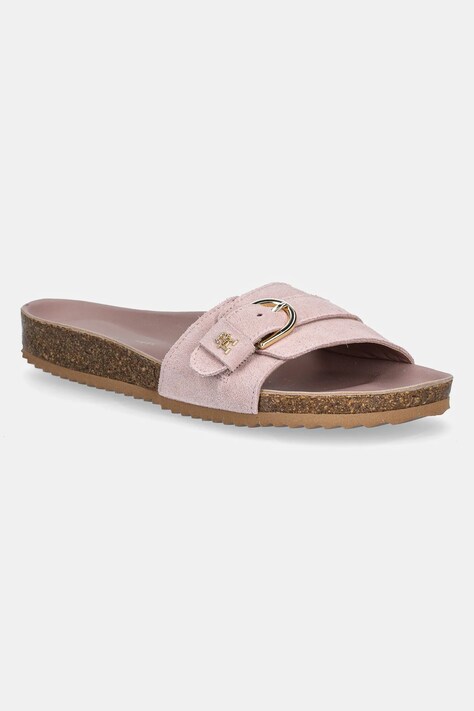 Tommy Hilfiger papuci din piele SOFT SUEDE ADJUSTABLE MULE femei, culoarea roz, FW0FW08809