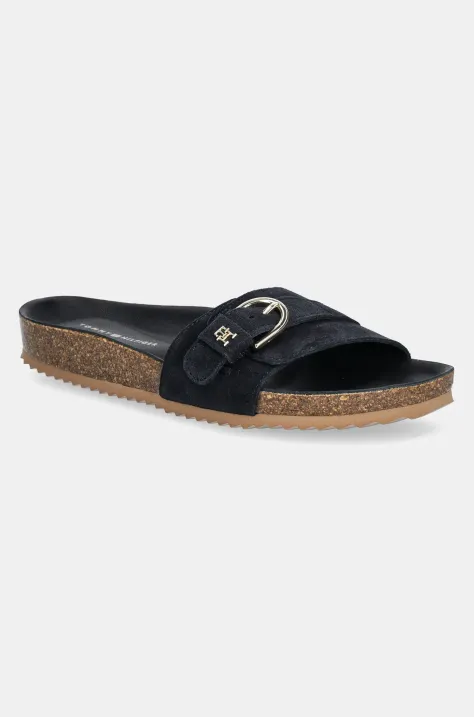 Semišové šľapky Tommy Hilfiger SOFT SUEDE ADJUSTABLE MULE dámske, tmavomodrá farba, FW0FW08809