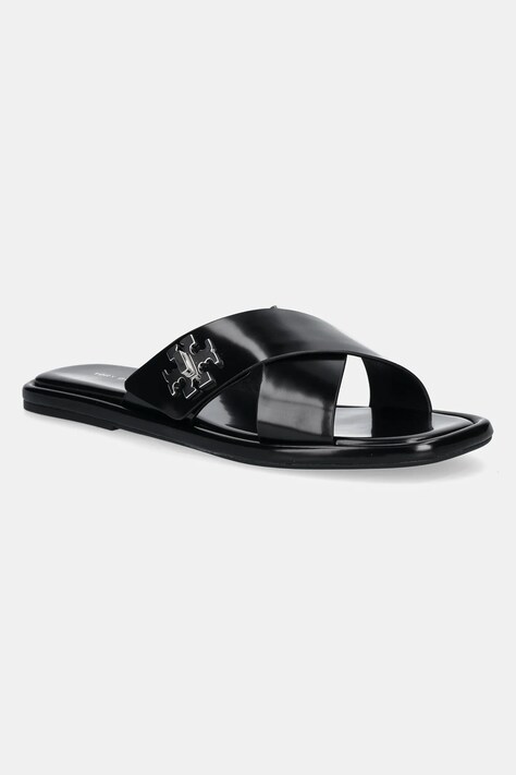 Tory Burch șlapi de piele T Lock Cross Band Slide femei, culoarea negru, 170611-006