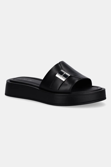 Calvin Klein papuci de piele FLATFORM SLIDE W/CK HW - LTH culoarea negru, cu platforma, HW0HW02368
