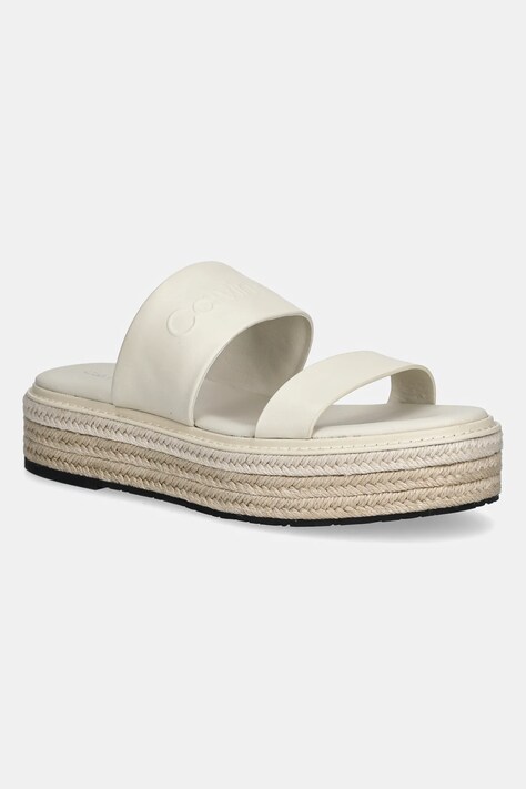 Calvin Klein slapi de piele FLATFORM WEDGE SLIDE - HE femei, culoarea bej, cu platforma, HW0HW02374