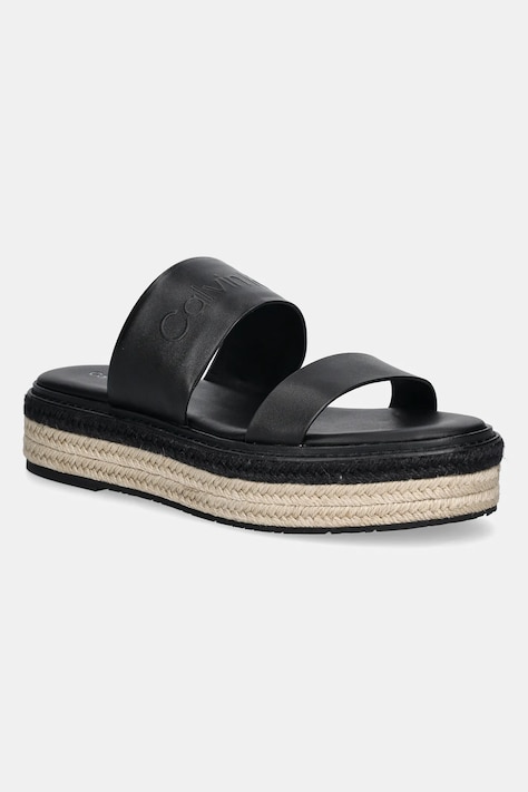 Calvin Klein slapi de piele FLATFORM WEDGE SLIDE - HE femei, culoarea negru, cu platforma, HW0HW02374
