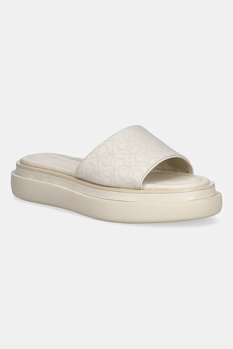 Pantofle Calvin Klein FLATFORM SLIDE - JACQ dámské, béžová barva, na platformě, HW0HW02461