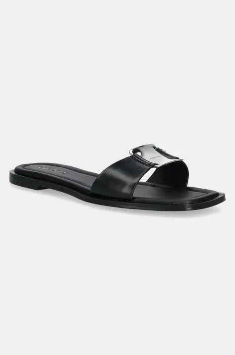 Δερμάτινες παντόφλες Calvin Klein FLAT SLIDE W/CK HW BIG - LTH γυναικείες, χρώμα: μαύρο, HW0HW02482