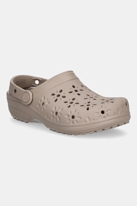Pantofle Crocs Classic Floral Cut Out Clog dámské, hnědá barva, na klínku, 210927-214