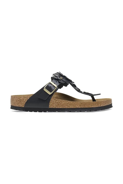 Birkenstock slapi de piele Gizeh Flowers femei, culoarea negru, cu toc plat, 1026719