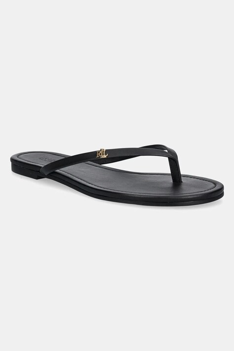 Kožené žabky Lauren Ralph Lauren Raquel dámské, černá barva, na plochém podpatku, 802953931001