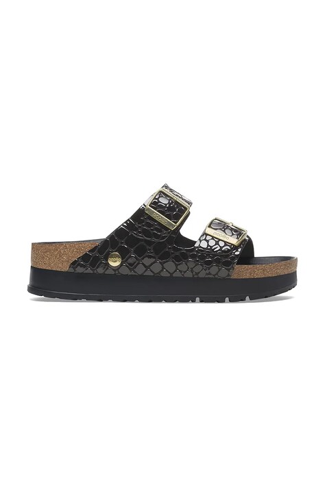 Papuci din piele Birkenstock Arizona Flex Platform Shiny Croc – Birkenstock x Papillio culoarea negru, 1029045