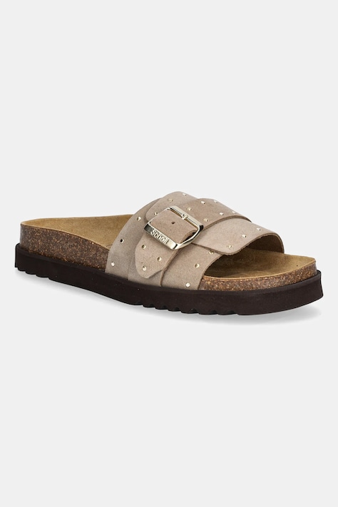 Scholl papuci din piele JOYCE femei, culoarea bej, F322432361