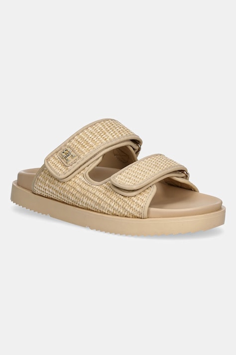 Šľapky Tommy Hilfiger TH DOUBLE STRAP RAFFIA SANDAL dámske, béžová farba, FW0FW08940