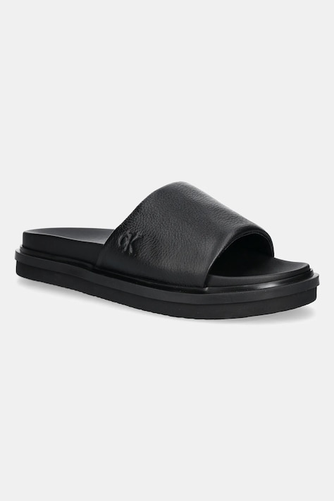 Calvin Klein Jeans papuci FLAT MOLDED SLIDE SANDAL LTH bărbați, culoarea negru, YM0YM01225