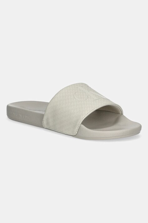 Calvin Klein Jeans papuci SLIDE AOP PRINT barbati, culoarea bej, YM0YM01269