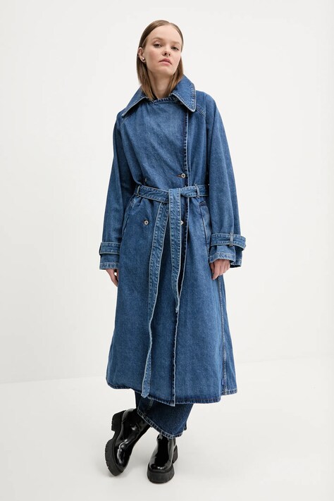 Džínový kabát Hugo Blue dámský, modrá barva, přechodný, oversize, 50532056