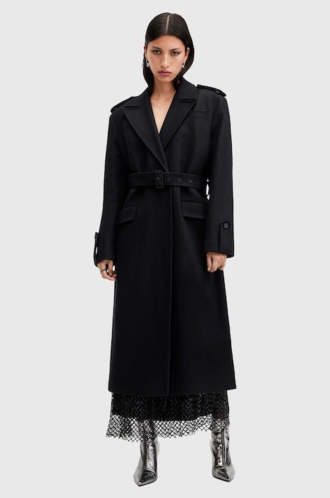 AllSaints palton de lana AUGUSTA culoarea negru, de tranzitie, cu doua randuri de nasturi, W058OA