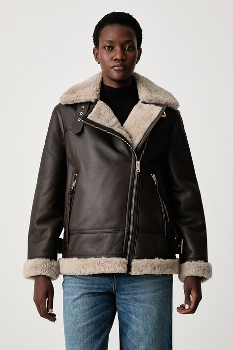 AllSaints Kurtka kożuch damska skórzana SOLA brązowa W120LB