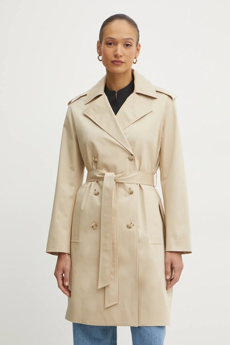 Trench kabát BOSS Orange dámský, béžová barva, přechodný, dvouřadový, 50534930