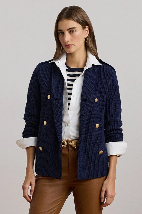 Lauren Ralph Lauren palton de bumbac culoarea bleumarin, de tranziție, cu doua randuri de nasturi, 200957610