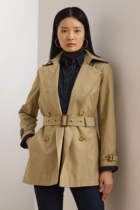 Lauren Ralph Lauren palton femei, culoarea bej, de tranzitie, cu doua randuri de nasturi, 297967126