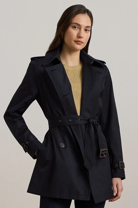 Lauren Ralph Lauren palton femei, culoarea albastru marin, de tranzitie, cu doua randuri de nasturi, 297967126