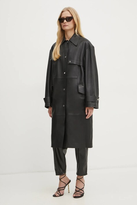 BOSS płaszcz skórzany damski kolor czarny przejściowy 50531308