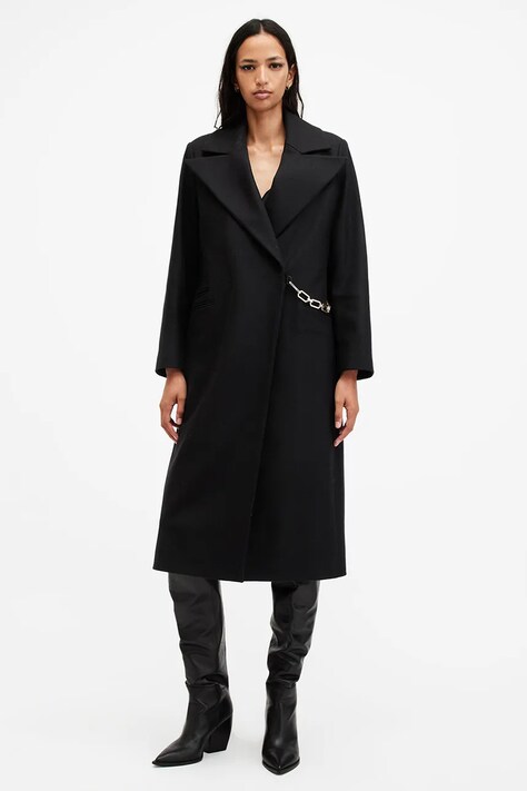 AllSaints palton de lana SIMONE culoarea negru, de tranzitie, cu doua randuri de nasturi, W052OB