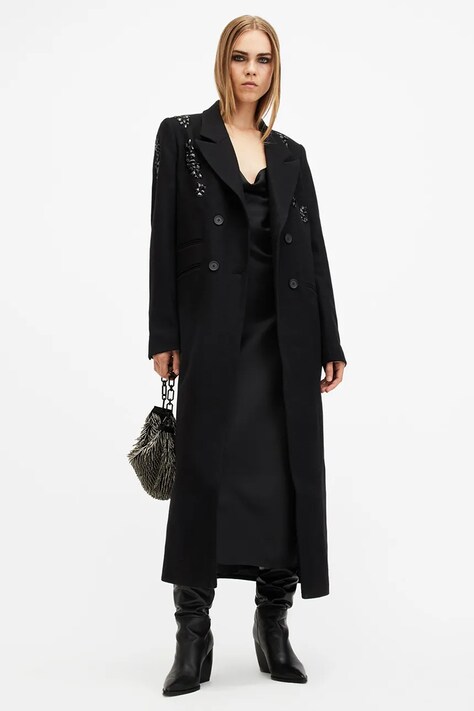 Шерстяное пальто AllSaints ELLEN цвет чёрный переходное двубортное W092OB