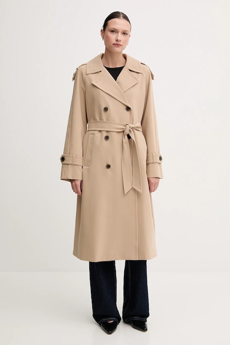Dkny płaszcz damski kolor zielony przejściowy dwurzędowy DLEMPQ97