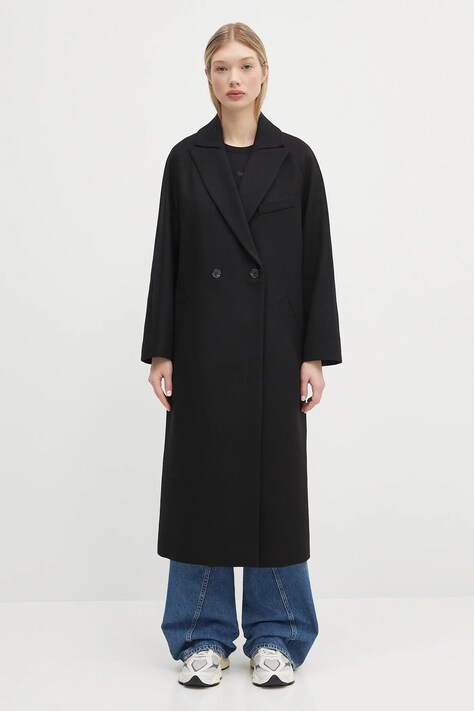 A.P.C. płaszcz wełniany Manteau Flora damski kolor czarny przejściowy dwurzędowy WOAJS.F01541