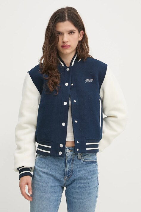 Tommy Jeans jachetă bomber din amestec de lână culoarea bleumarin, de tranziție, DW0DW19320